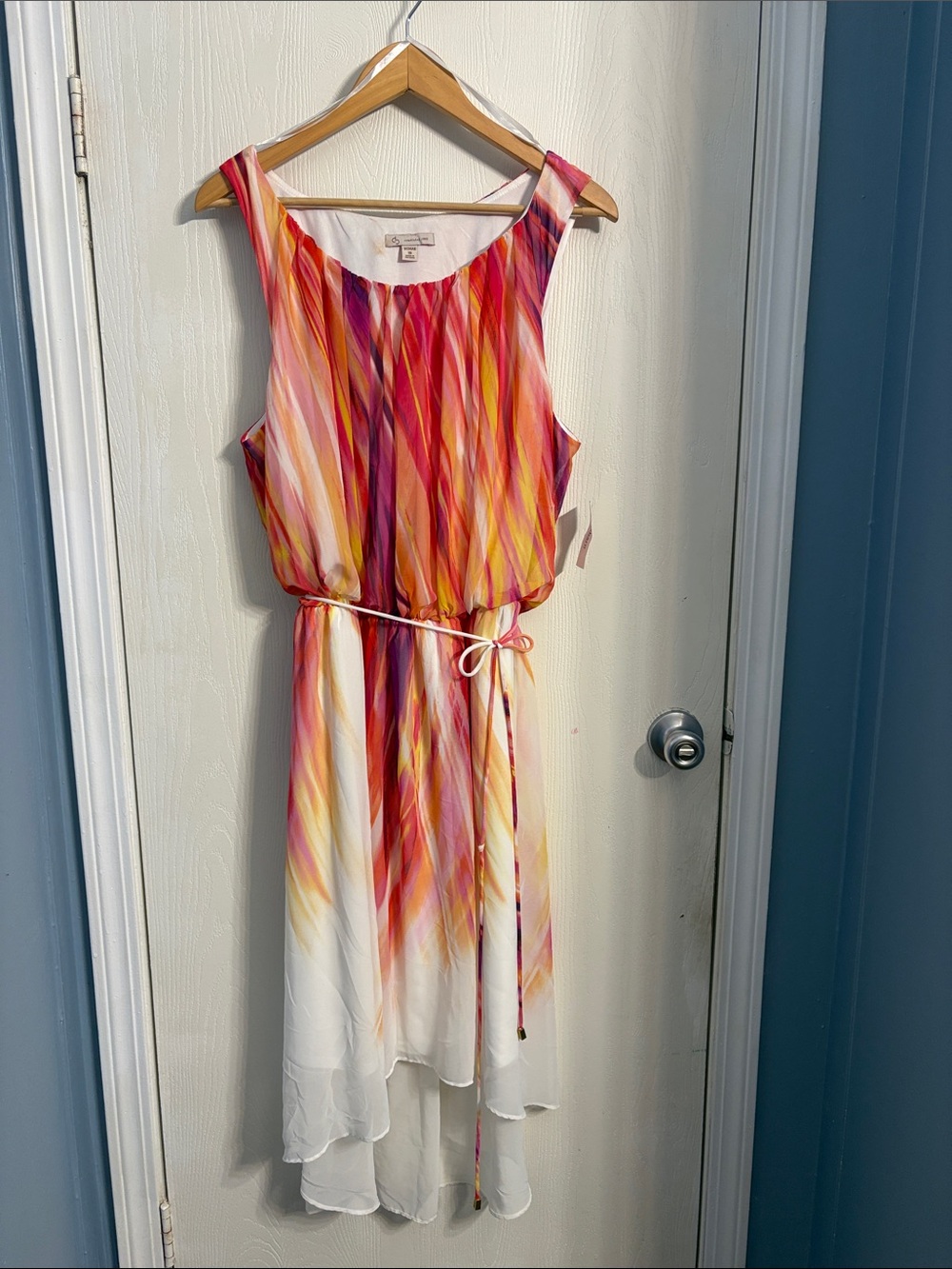 Dress Barn Sleeveless High-Low Dress White with multicolor accents